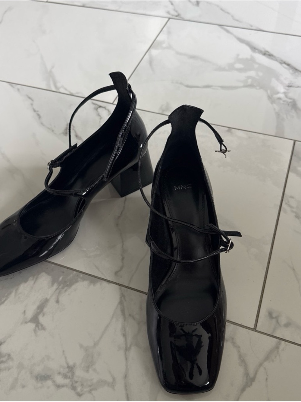 Mango Black Patent Strappy Block Heel Pumps